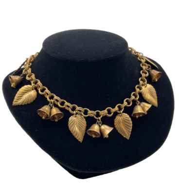ANTIQUE MIRIAM HASKELL ORIGNAL BIB CHOKER NECKLACE GOLD BRASS BEADS LEAVES BELLS