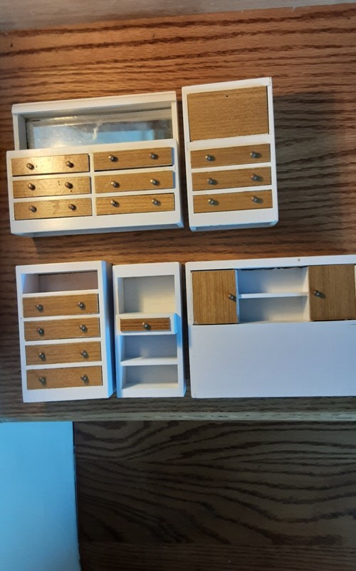 Sale 5 Wood PIECES Vtg Dollhouse MIRRORED DRESSER Mid-century Modern Bedroom Set