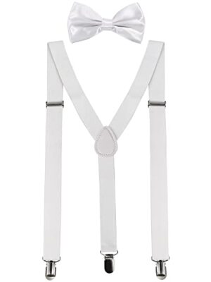  Suspender and Bow Tie Set 80s Clip on Suspenders for Men Women White