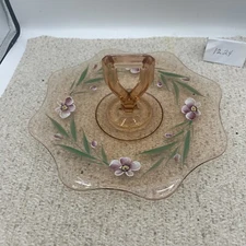 Elegant Pink Glass Candy Dish Tidbit Tray With Handle and Hand Painted Flowers