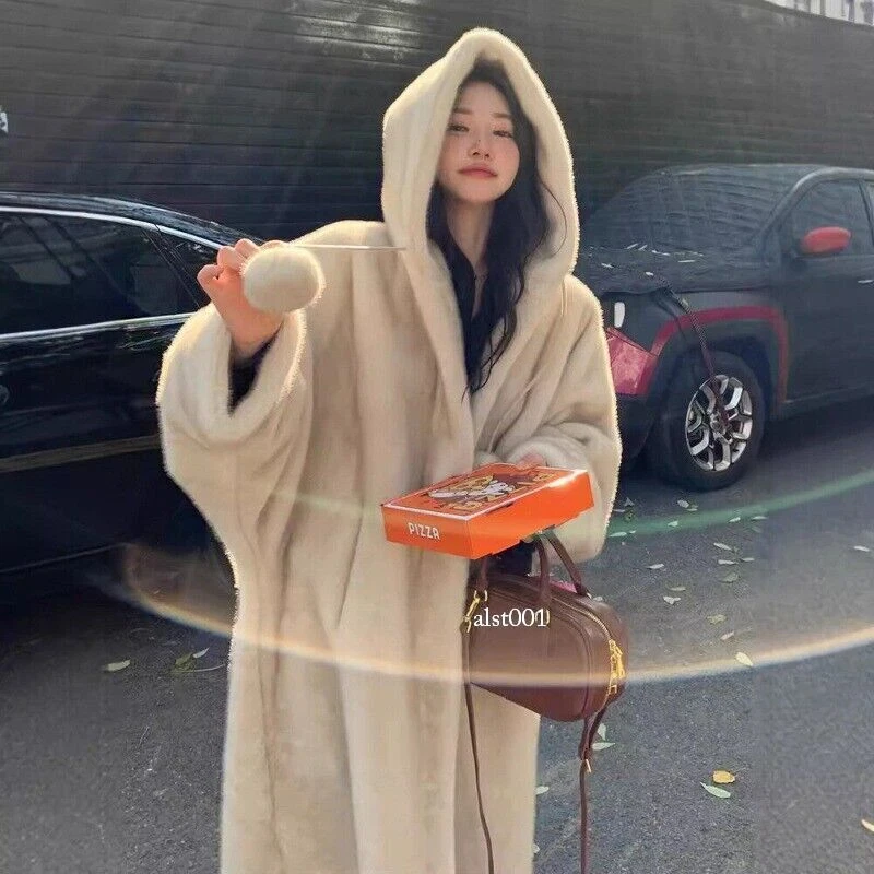 OFF WHITE Giacca pelliccia visone invernale donna spessa calda con cappuccio spessa lunga imitazione