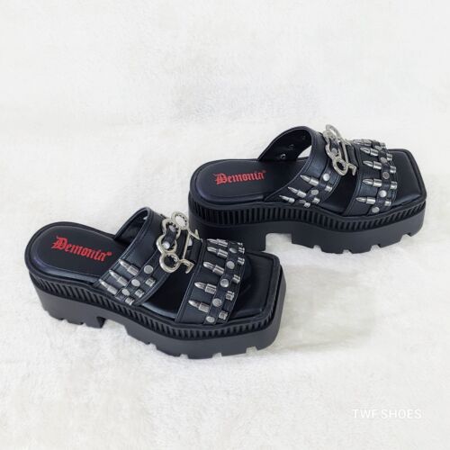 Wrath Bullet Stud Brass Knuckle Platform Goth Sandals Demonia - Picture 10 of 17