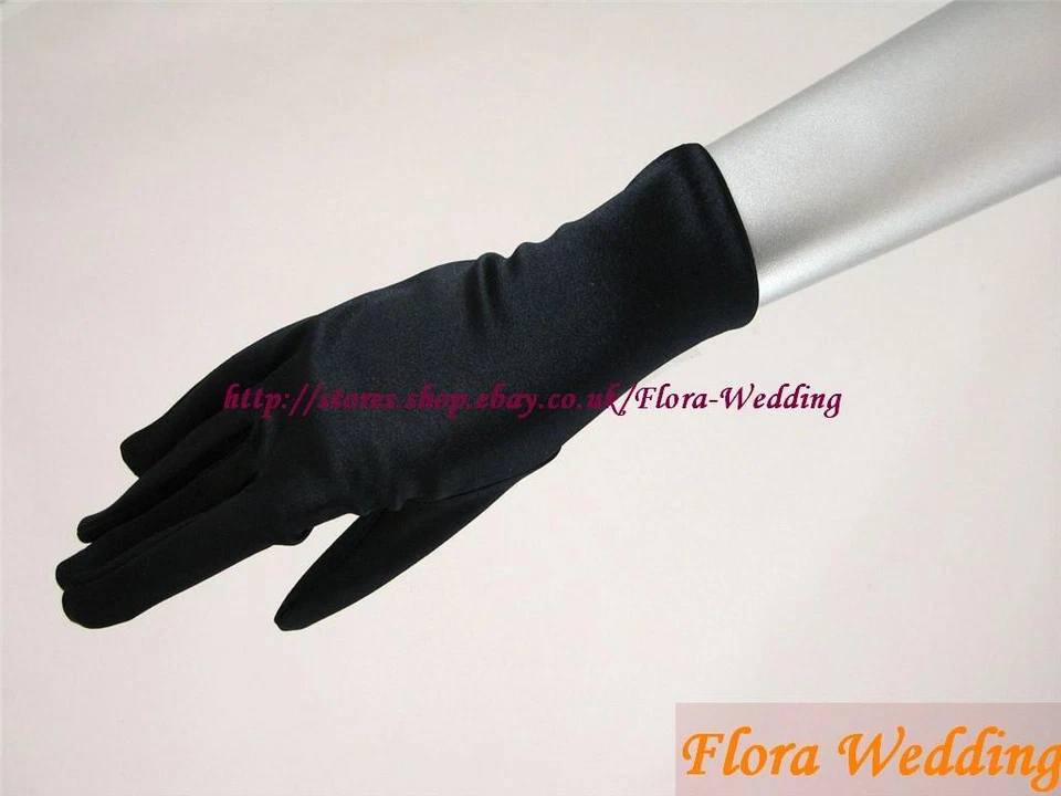 Satin SCHWARZ UNI KURZFINGER HOCHZEIT/ABSCHLUSSBALL HANDSCHUH, 10"