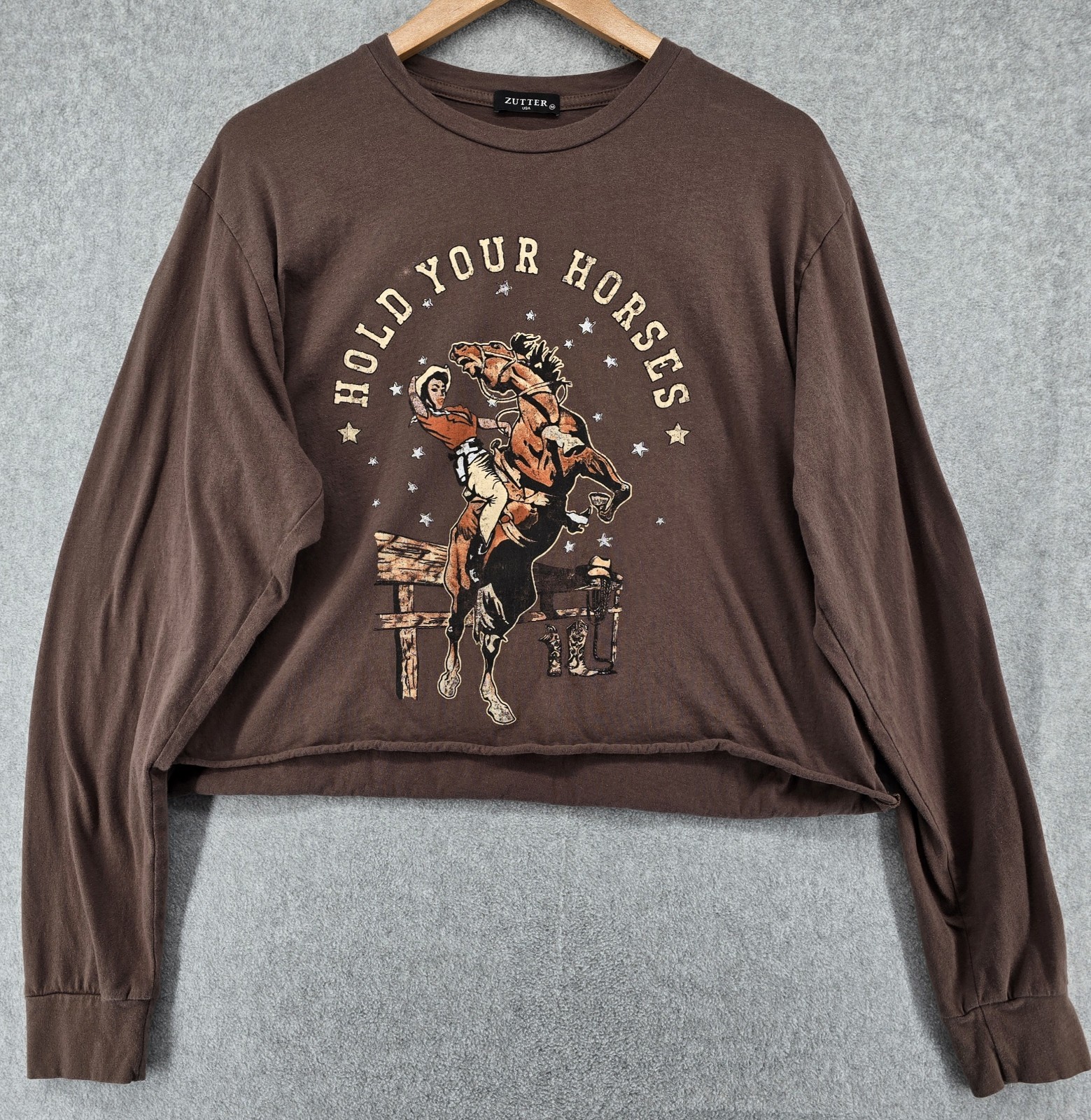 Zutter Brown Cowgirl Graphic T-Shirt Women’s M Cropped Western Horses Y2K USA