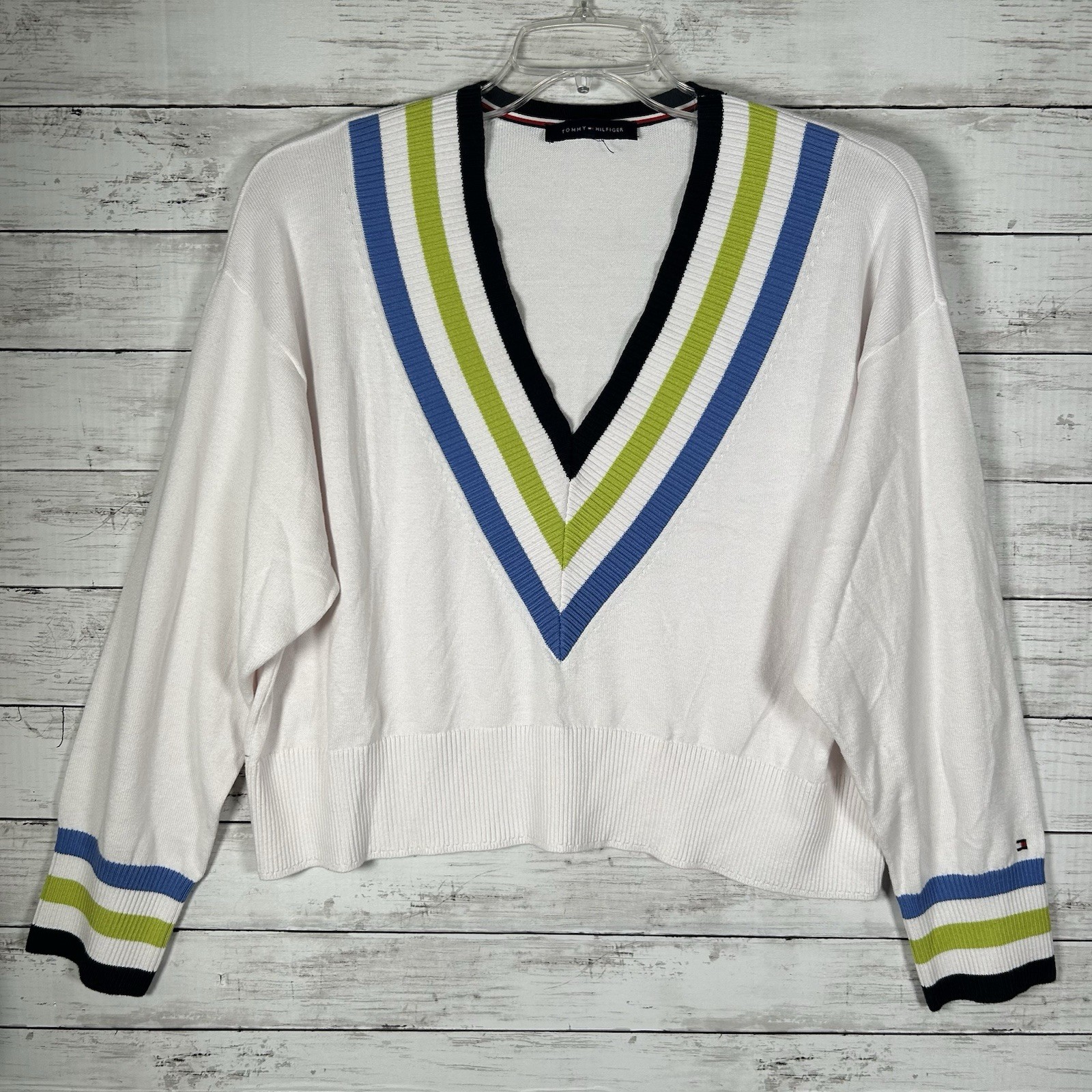 Tommy Hilfiger Women's White Striped-Trim Cropped V-Neck Sweater Top Size L NEW thumbnail 2