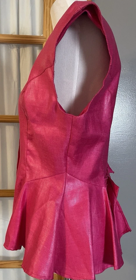 Blusa De Colección Años 70 ARPEJA Peplum Talla 12 Rosa Lino Plisado Lazo Botones Ciudad Hecha en EE. UU. Foto 3 de 4