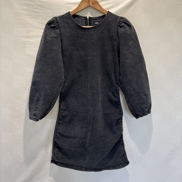 Zara 80s Collection Stretch Denim Mini Dress Womens M Black Ruched Puff Sleeve