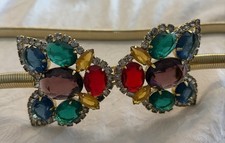 Vintage Gold Tone Stretch Snake Belt W/ Bold Multicolored Rhinestones Butterfly