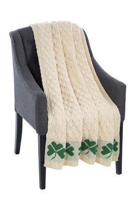 100 Merino Wool Shamrock Aran Throw Irish Blanket Cable Honeycomb Knit 58 x 40 1