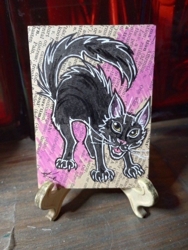 ACEO Original Art Card Black Cat Halloween Pink Keelaz_Kreationz