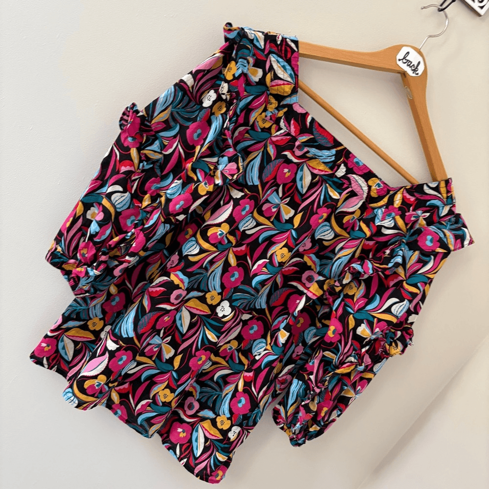 Black Pink Abstract Floral Ruffled 3/4 Sleeve Blouse Square Neck Artsy ...