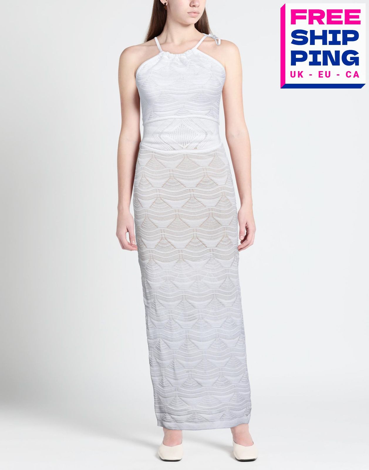 RRP €720 JUST CAVALLI Knitted Maxi Dress Size S White Partly Lined Strappy Neck