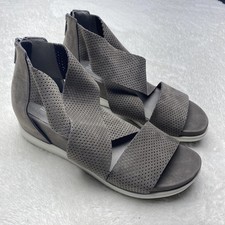 Eileen Fisher Voice Wedge Sandal 8 Graphite Grey Nubuck Leather Heel Zipper