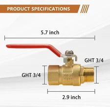 brass garden hose shut off valve, GHT 3/4 heavy duty inline full flow ball va...