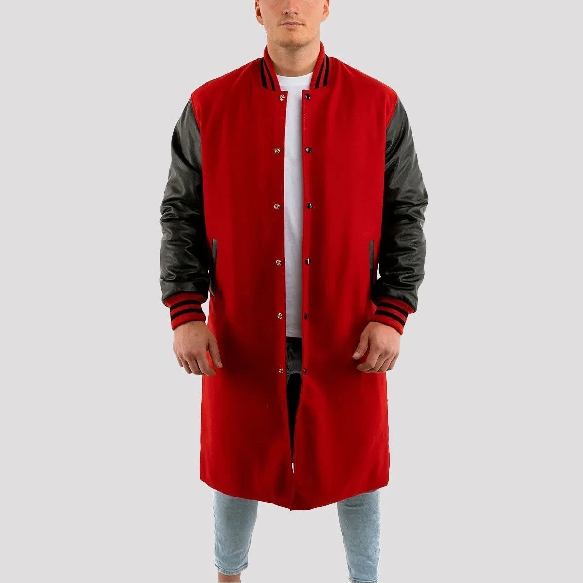 Men’s Scarlet Red Wool & Black Leather Long Varsity Coat – Classic Letterman Sty