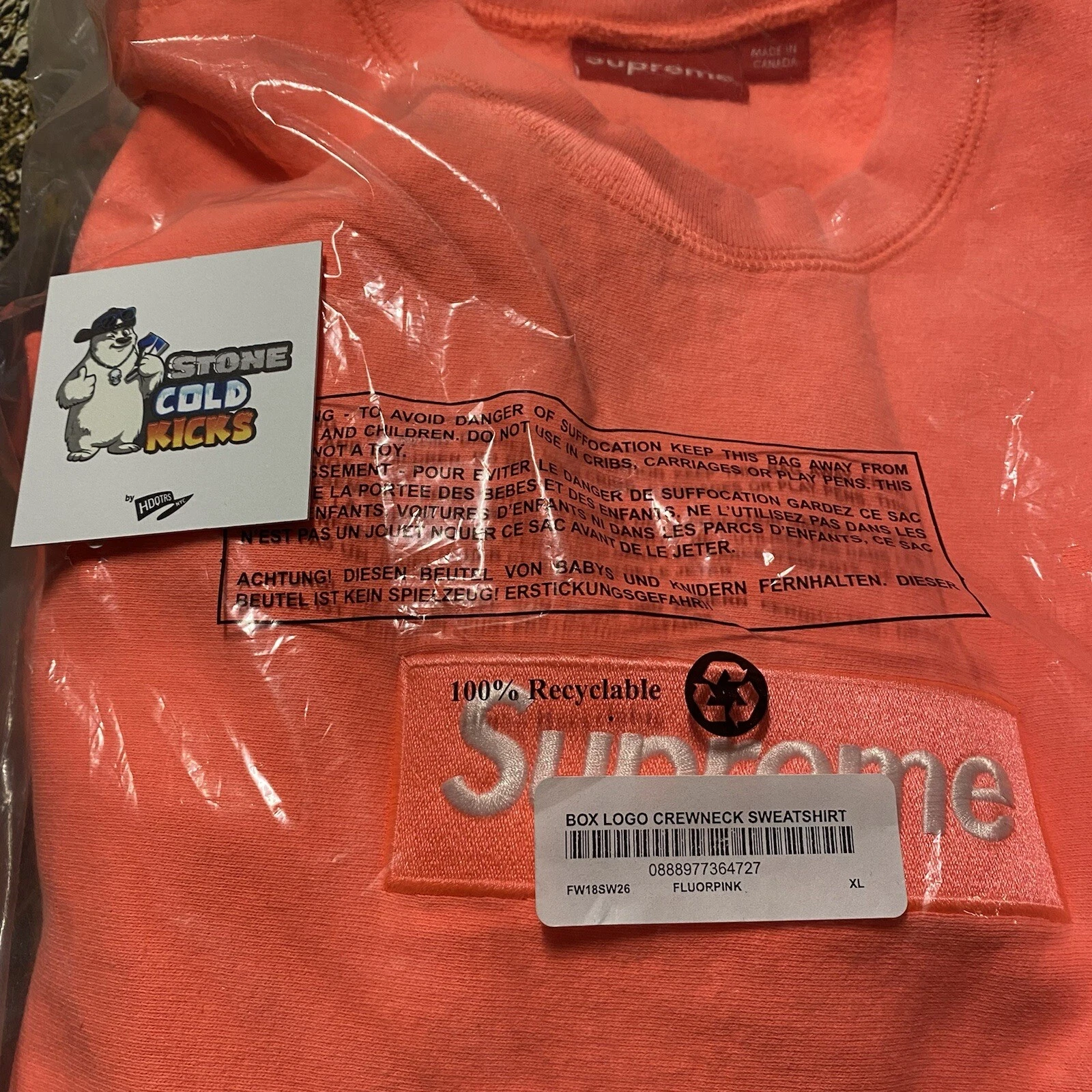NUOVO Supreme Box Logo Girocollo (FW18) Rosa Fluorescente Taglia XL BOGO T shirt Felpa con Cappuccio