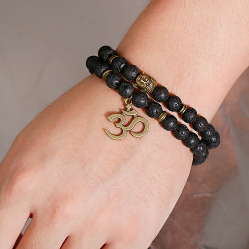 Vintage Black Lava Buddha Head OM Buddhist Prayer Therapy Religious Bracelets - Picture 27 of 29