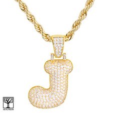 J Initial Bubble Letter Gold Plated Men's Iced CZ Pendant 24" Rope Chain Hip Hop
