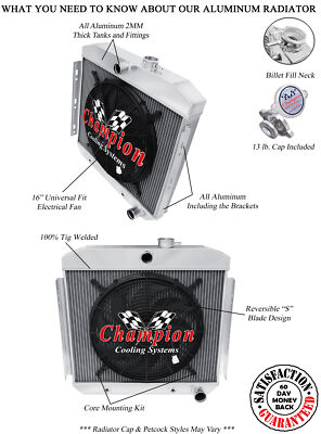 JR Champion 3 Row Radiator,16'' Fan for 1955 1956 Chevrolet Bel Air 6 Cyl Mount