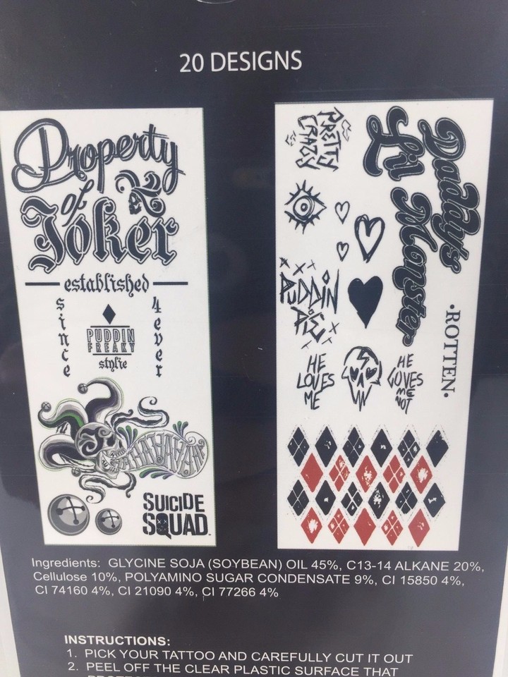 Suicide Squad Harley Quinn Joker Cosplay Temporary Tattoos DC Comics 20 ...