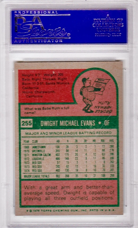 1975 Topps Dwight Evans #255 Card Graded Psa 8 (ST)NM-MT - Image 2 of 2