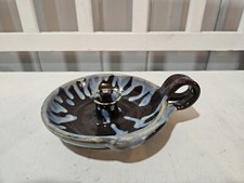 Brown & Blue Drip Art Pottery Candle Stick Holder With Ring Handle