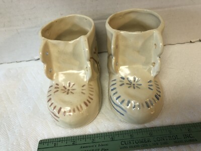Rare Pair Vintage Blue Bird Pottery Crooksville Ohio Planters Shoe Boot Bookends