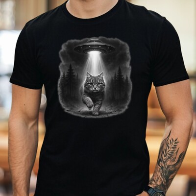 Mens Cats Selfie UFO Print Cotton T-Shirt Size XS to 5XL