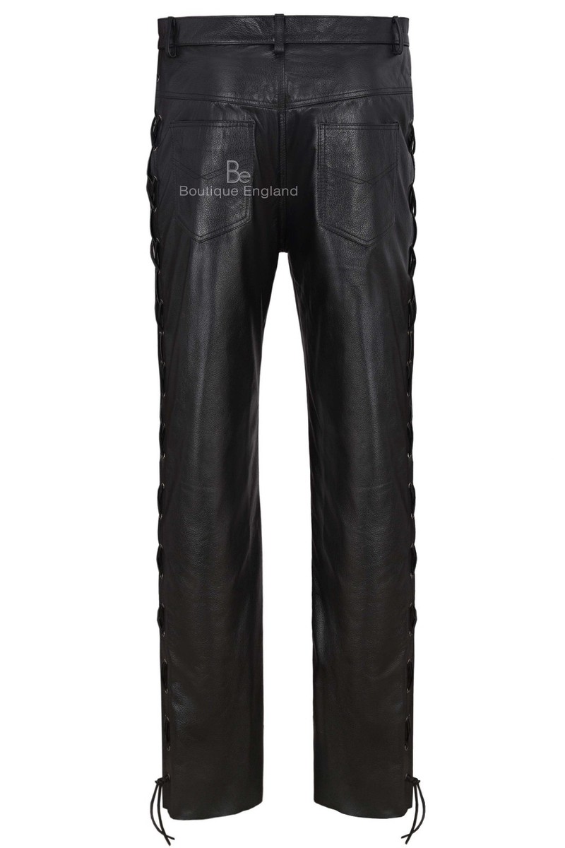 Men's 100% Real Leather Motorcycle Biker Pants - Black, Laced Legs, Sizes 28-40