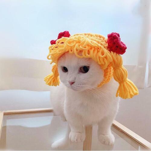 Pet Cat Cap Funny Cute Hair Loop for Small Dogs Kitten Knitted Winter Warm Hat - Picture 1 of 8
