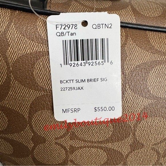 NWT Coach F72978 Men's Beckett Slim Tan Signature Black Leather