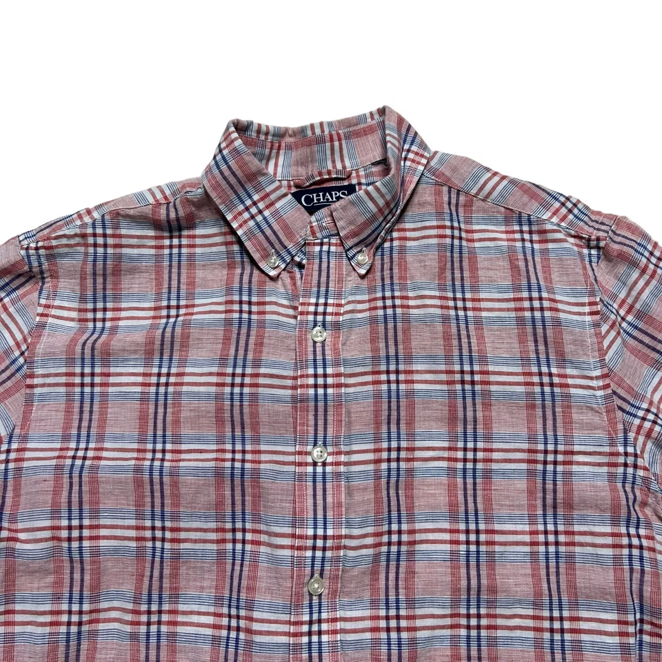 Ralph Lauren Chaps Linen Shirt Mens XL Plaid Red Blue Short Sleeve Casual - Image 2 of 4