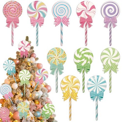10 Pcs Large Pastel Christmas Candy Tree Ornaments Woooden Lollipop Peppermin...