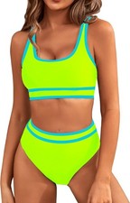 2PCS Womens High Waist Bikini Set Padded Bra Tops Bathing Swimsuits Summer Beach