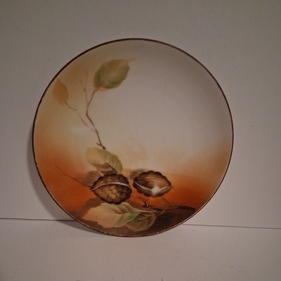 Noritake Hand Painted Plate Walnut Branch Leaves Green M Wreath Mark 1920's