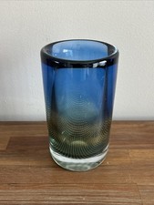 Orrefors Kraka Art Glass Vase Sven Palmqvist Blue Gold Fishnet Sommerso Signed 