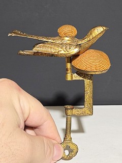 19th c Antique Victorian Ormolu Brass Sewing Bird Clamp w 2 Pin Cushions