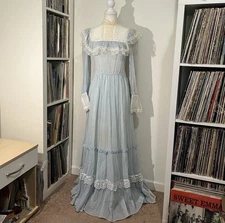 Vintage 70’s Gunne Sax Blue White Lace Ruffle Victorian Cottage Prairie Dress 7