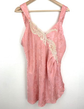 Vtg. Victoria's Secret Gold Label Chemise Nightgown Pink Satin Lace Beaded Flaw