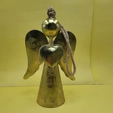 Angel Gold  TEXTURED METAL ANGEL HOLDING A Heart HOLIDAY BELL Christmas