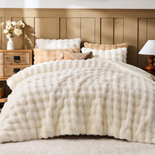 Faux Fur Queen Comforter Set   Cream White Fluffy Comforter Queen Size, Big Bubb