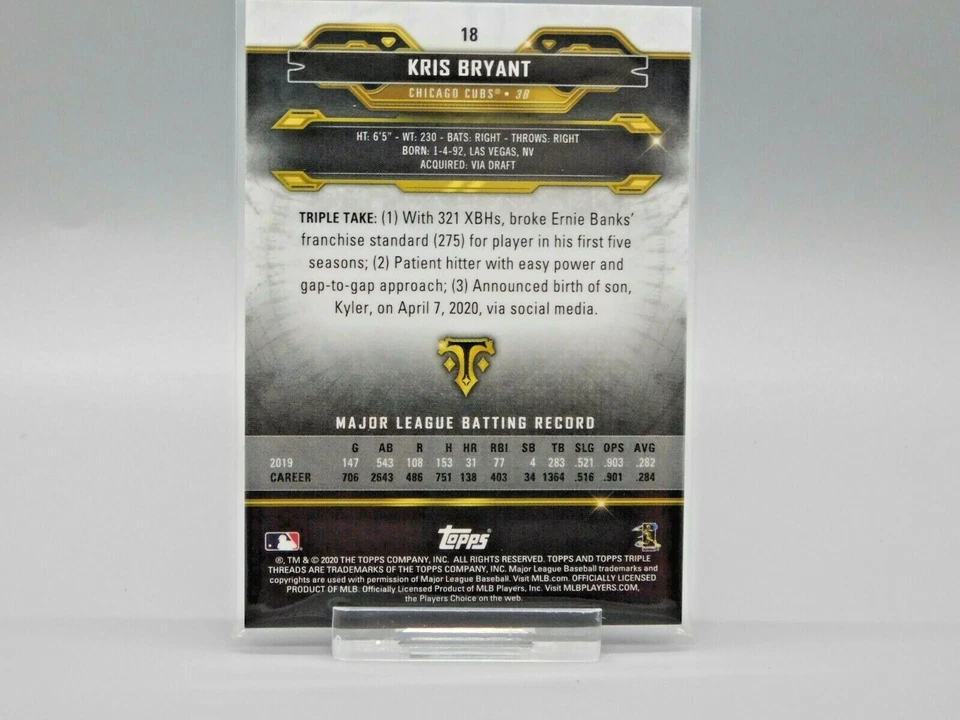 Kris Bryant 240 /299 Purple 2020 Topps Triple Threads - Image 3 of 3