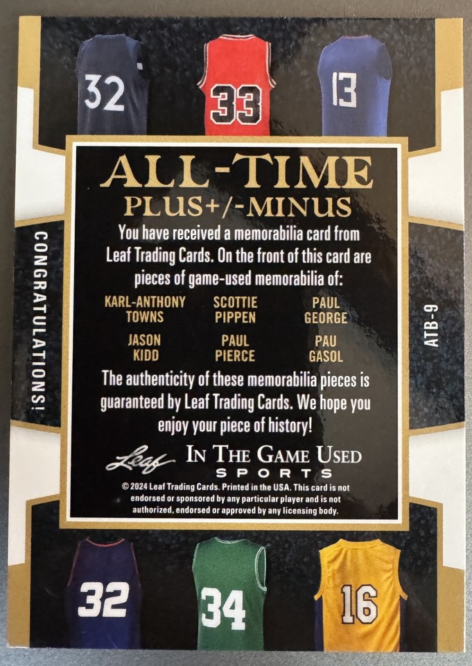 2024 Leaf in the Game Used - All Time Plus/Minus 6 NBA Game Worn ...