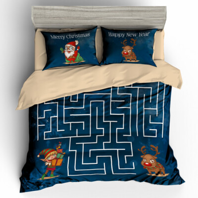 3D Maze Santa Claus Pattern Blue Quilt Cover Set Bedding Sets Pillowcases 64