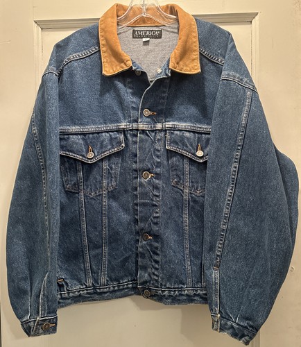 VTG Men's Perry Ellis AMERICA Leather Collar Denim Jean Jacket Large  Mens VGC