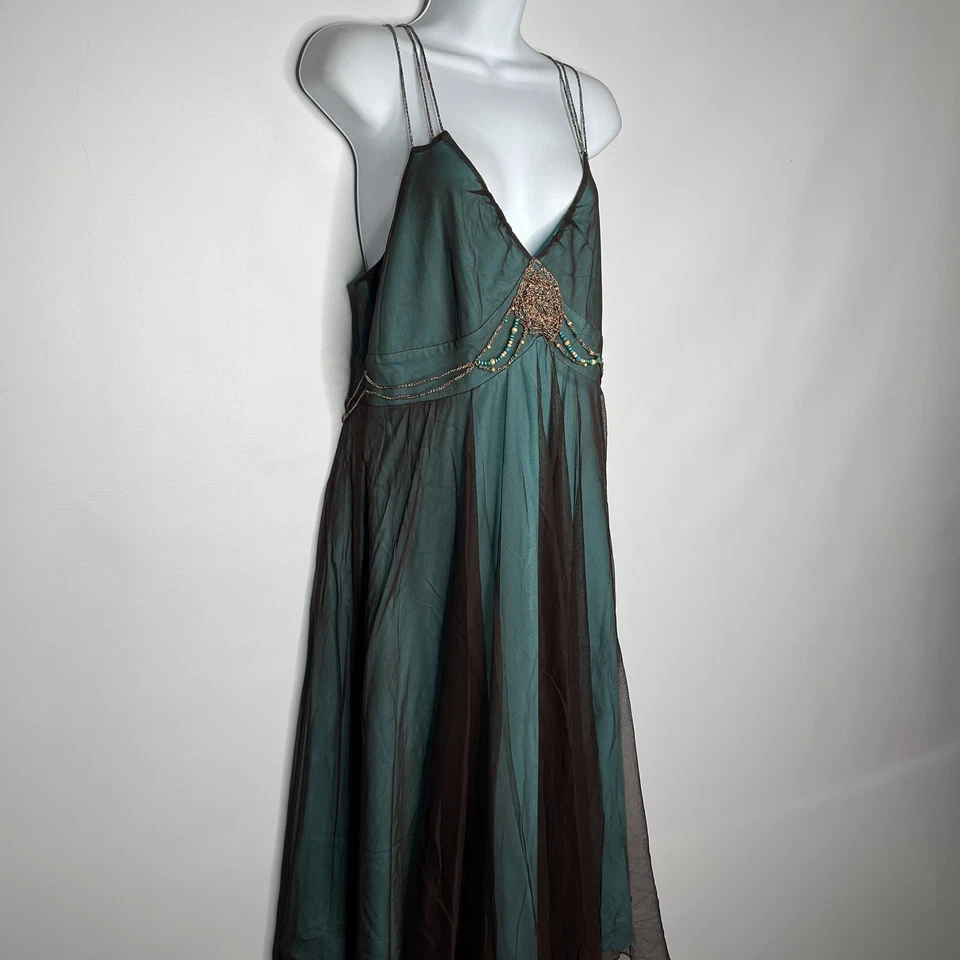 复古 90 年代 Nicole 串珠鸡尾酒懒人连衣裙 8 码棕色蓝色透明雪纺 — 第 3/4 张图片