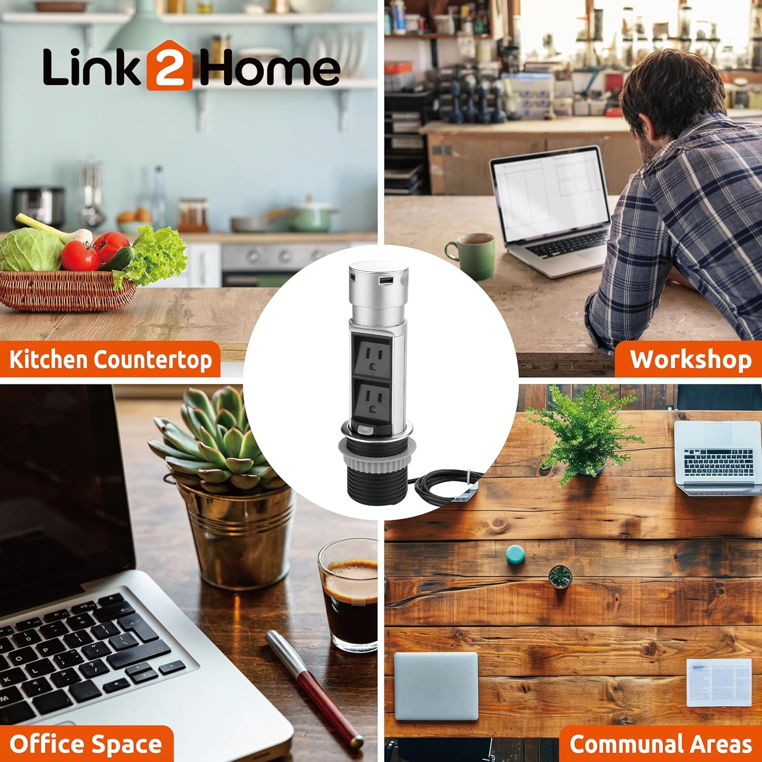 Link 2 Home Space Saver Pop up Outlet Station with USB, 2 Power Outlets 15A, 2 U