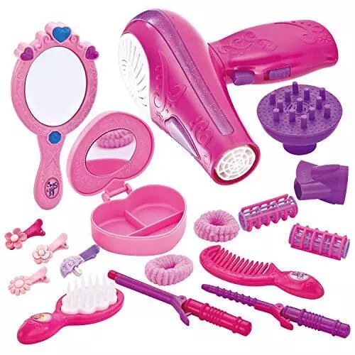 17Pcs Girls Beauty Salon Set, Pretend Play Doll Hair Stylist Toy Kit with