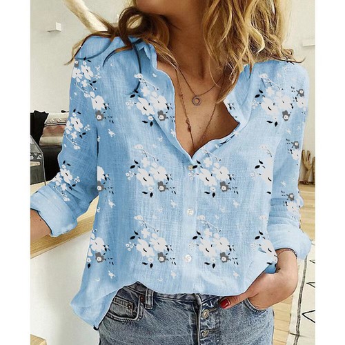 Womens Casual Button Blouse Floral Long Sleeve Tops Lapel Collared Shirt - Picture 18 of 20