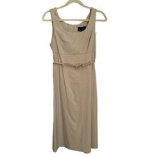 Vintage 90s Marianne Dress M Medium Taupe Sleeveless Pencil Belted Scoop Neck